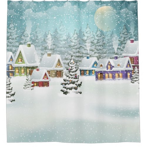 Village winter landscape with snow covered houses  shower curtain