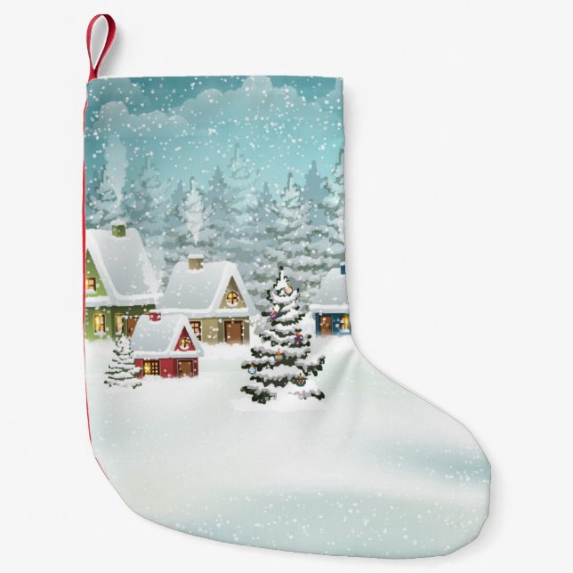 Village winter landscape with snow covered houses  small christmas stocking (Front)
