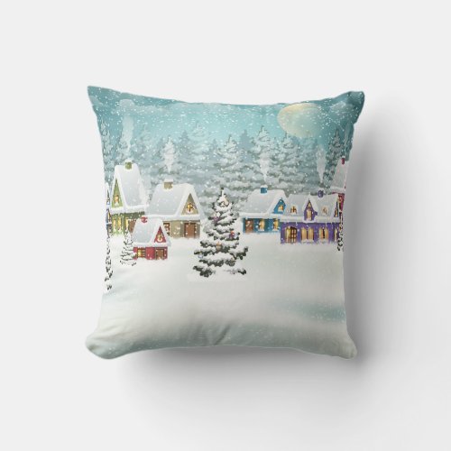 Village winter landscape with snow covered houses  throw pillow