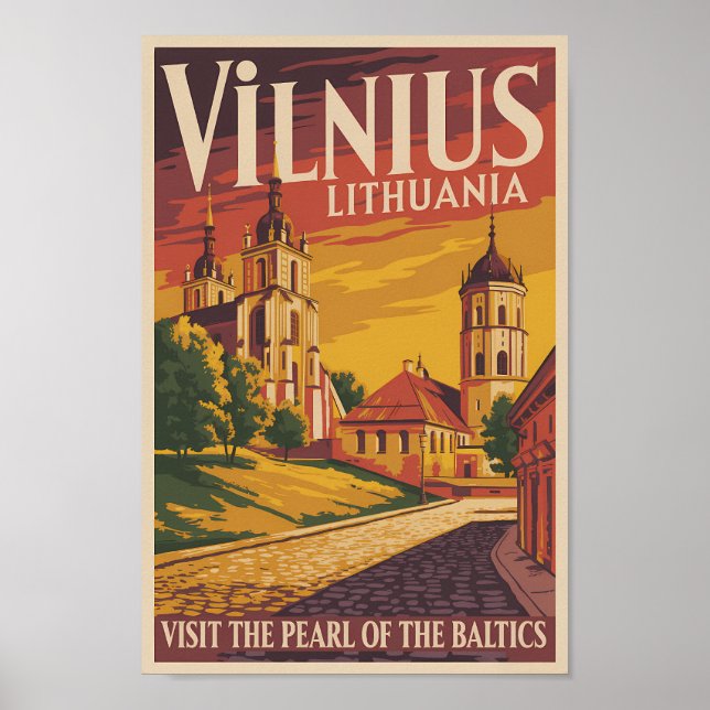 Vilnius Lithuania Illustration Travel Art Vintage Poster (Front)
