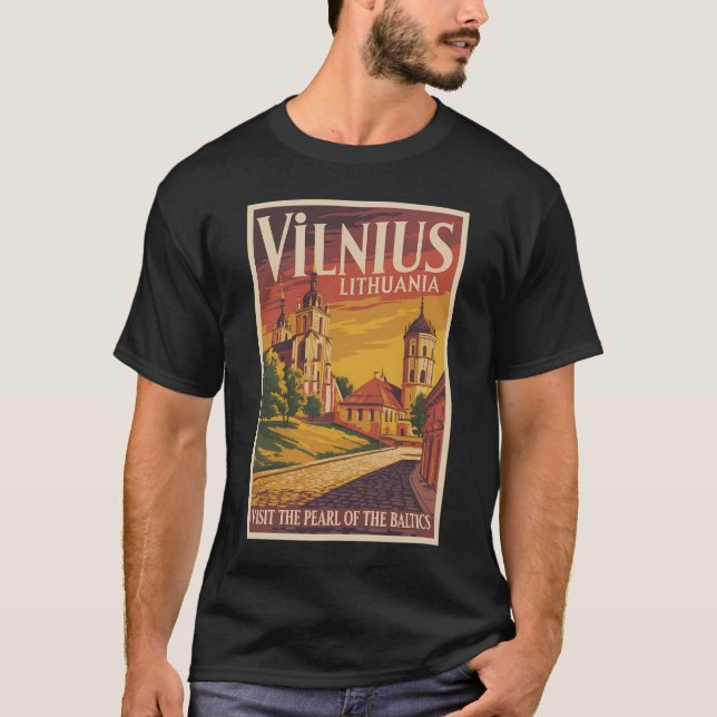 Vilnius Lithuania Illustration Travel Art Vintage T-Shirt (Front)