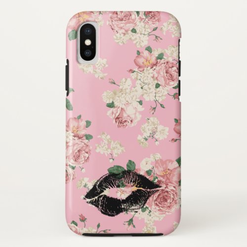 Vinage Floral Pattern Black Lipstick Kiss iPhone XS Case