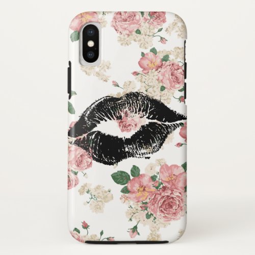 Vinage Floral Pattern Black Lipstick Kiss iPhone XS Case