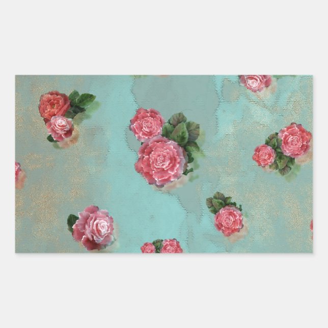 Vinage Flower Roses floral blue pink nostalic Rectangular Sticker (Front)