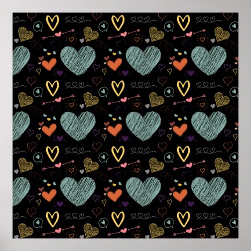 vinatage colors heart pattern _ black background poster