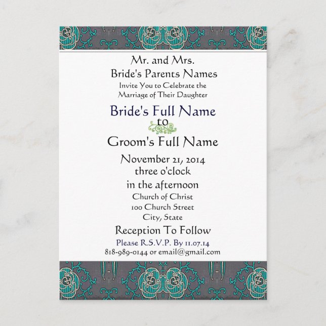 Vinatge Aqua on Grey Wedding Invitation (Front)
