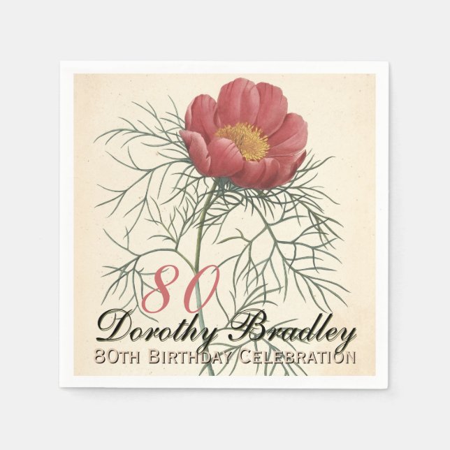 Vinatge Botanical Peony 80th Birthday Party PPN Paper Napkins (Front)
