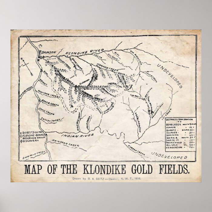 Vinatge Map   Klondike   Dawson Gold Fields 1898 Print