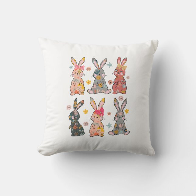 Vinatge Retro Bunny Floral Flower Rabbit Easter Da Throw Pillow (Front)