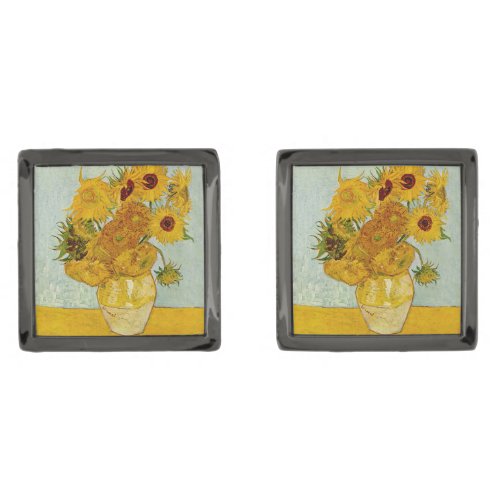Vincent Van Gogh 12 Sunflowers Impressionist Gunmetal Finish Cufflinks