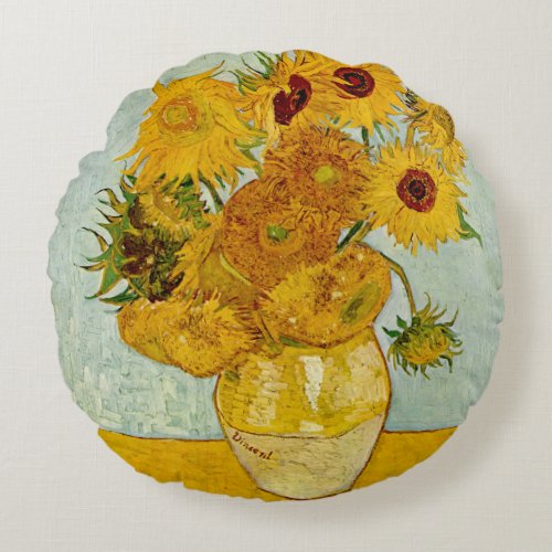 Vincent Van Gogh 12 Sunflowers Impressionist Round Pillow