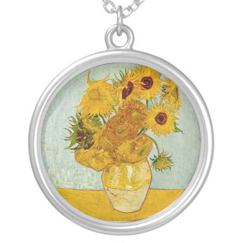 Vincent Van Gogh 12 Sunflowers Impressionist Silver Plated Necklace