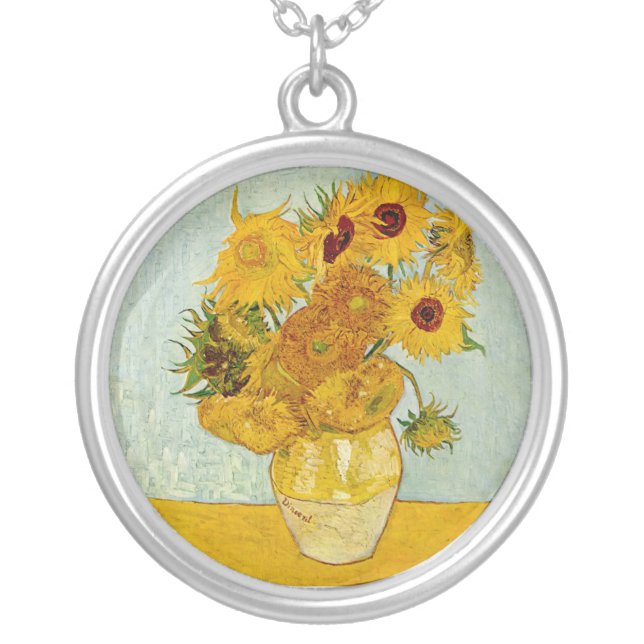 Vincent Van Gogh 12 Sunflowers Impressionist Silver Plated Necklace (Front)