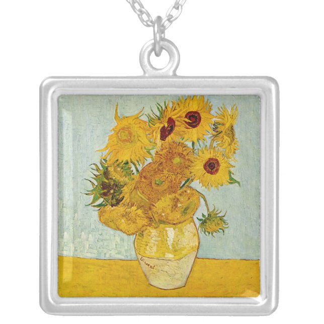Vincent Van Gogh 12 Sunflowers Impressionist Silver Plated Necklace (Front)