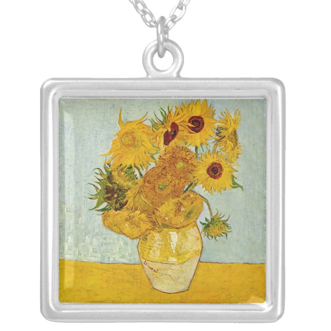 Vincent Van Gogh 12 Sunflowers Impressionist Silver Plated Necklace (Front)