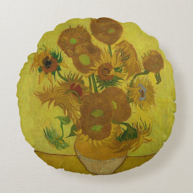 Vincent Van Gogh 15 Sunflowers Painting Round Pillow (Front)
