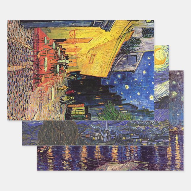 Vincent van Gogh 3 different Starry Night Scenes Wrapping Paper Sheets (Set)
