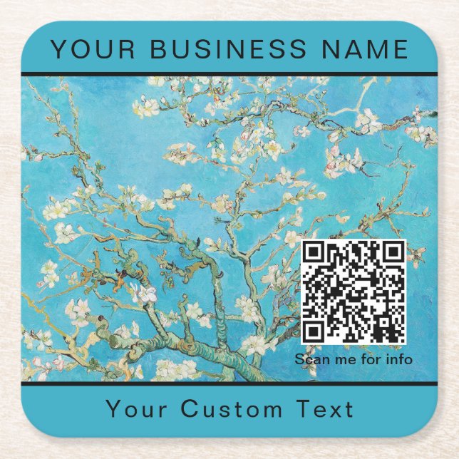 Vincent Van Gogh - Almond Blossom QR Code Square Paper Coaster (Front)