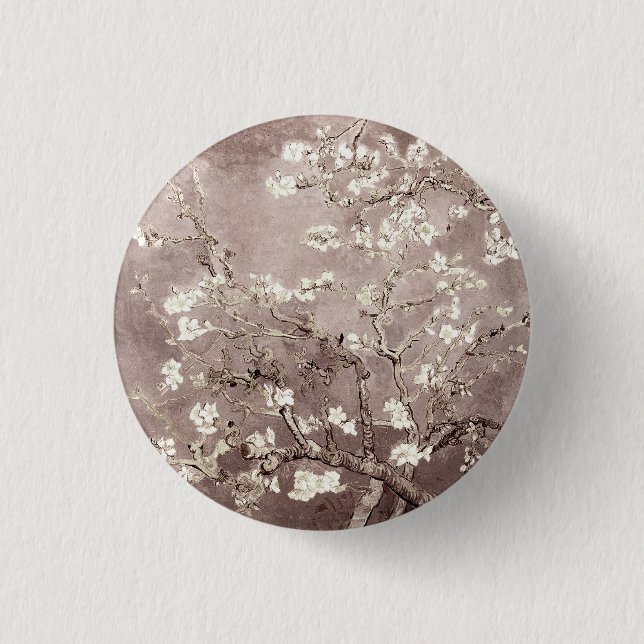 Vincent Van Gogh Almond Blossoms Beige Taupe Button (Front)