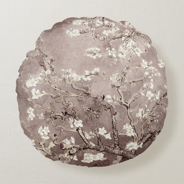 Vincent Van Gogh Almond Blossoms Beige Taupe Round Pillow (Front)