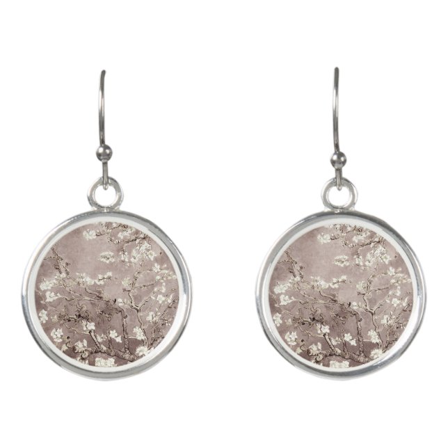 Vincent Van Gogh Almond Blossoms Beige Watch Earrings (Front)