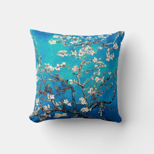 Vincent Van Gogh Almond Blossoms Bright Turquoise Throw Pillow