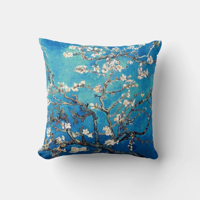 Vincent Van Gogh Almond Blossoms Bright Turquoise Throw Pillow (Front)
