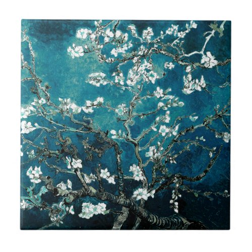 Vincent Van Gogh Almond Blossoms Dark Teal Ceramic Tile