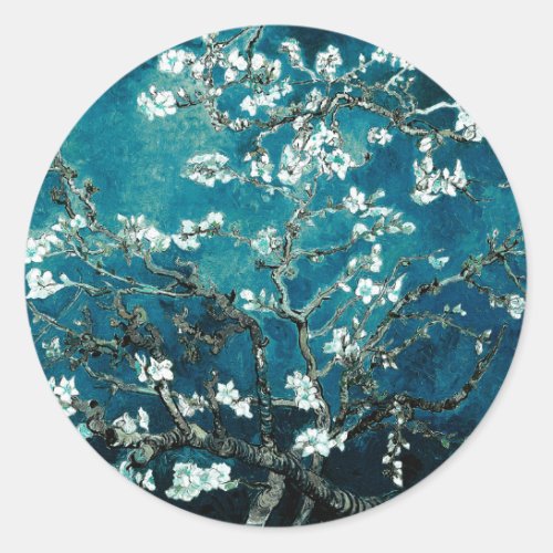 Vincent Van Gogh Almond Blossoms Dark Teal Classic Round Sticker