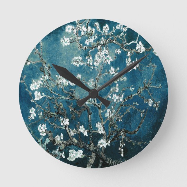 Vincent Van Gogh Almond Blossoms Dark Teal Round Clock (Front)