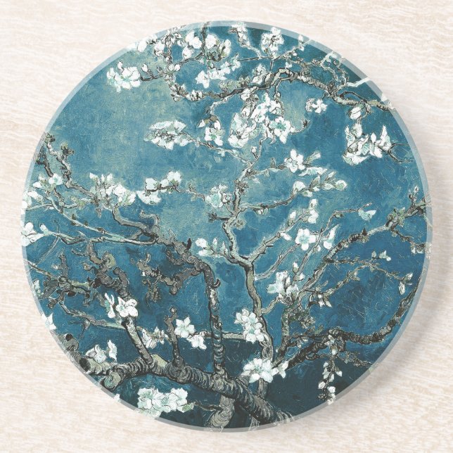 Vincent Van Gogh Almond Blossoms Dark Teal Sandstone Coaster (Front)