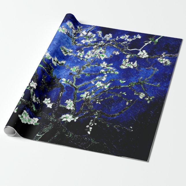 Vincent Van Gogh Almond Blossoms Deep Blue Wrapping Paper (Unrolled)