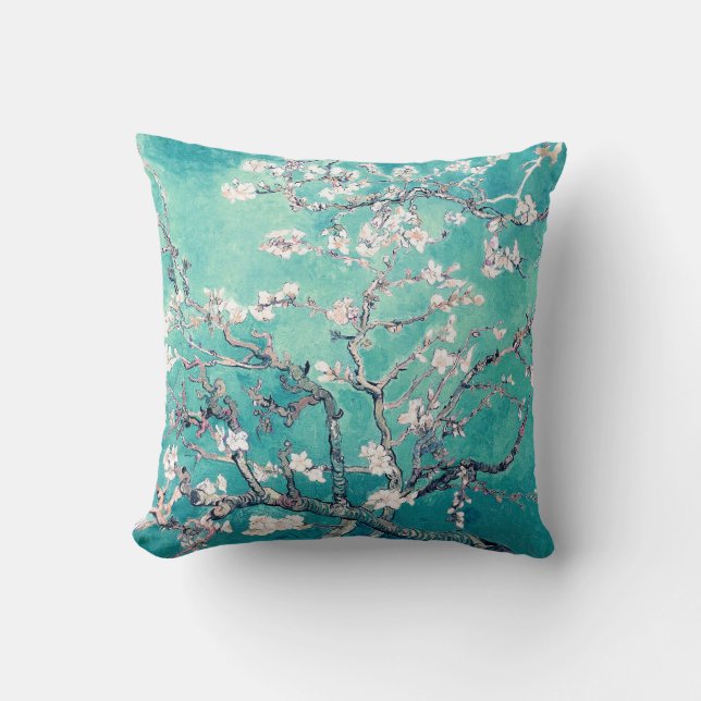 Vincent Van Gogh Almond Blossoms Turquoise Throw Pillow (Front)