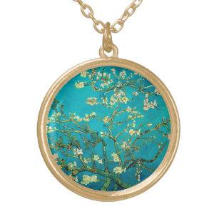 Vincent Van Gogh Blossoming Almond Tree Floral Art Gold Plated Necklace