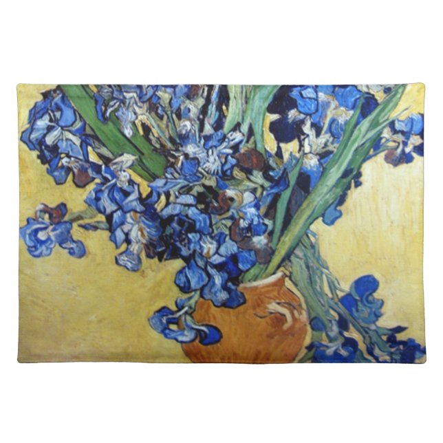Vincent van Gogh, blue irises in yellow background Cloth Placemat (Front)