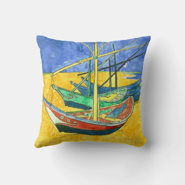 Vincent van Gogh Boats at Saintes-Marie watercol  Throw Pillow (Back)