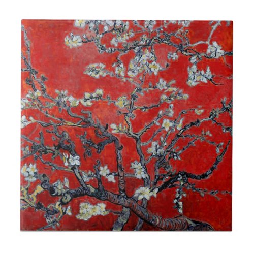 Vincent van Gogh Branches with Almond Blossom Red Ceramic Tile