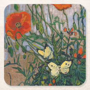 Vincent van Gogh - Butterflies and Poppies Square Paper Coaster
