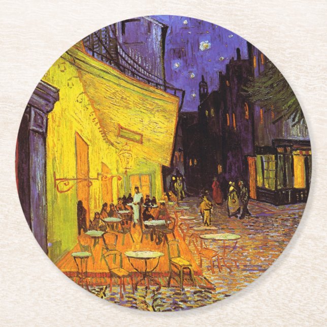 Vincent Van Gogh Cafe Terrace At Night Fine Art Round Paper Coaster (Front)