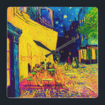 Vincent Van Gogh - Cafe Terrace At Night Pop Art Square Wall Clock<br><div class="desc">Also known as the Café Terrace On The Place Du Forum, this oil on canvas from 1888 shows a sidewalk cafe in Arles France frequented often by Van Gogh, brightly lit in yellow under a dark blue night sky with haloed stars similar to what would later be seen in "The...</div>