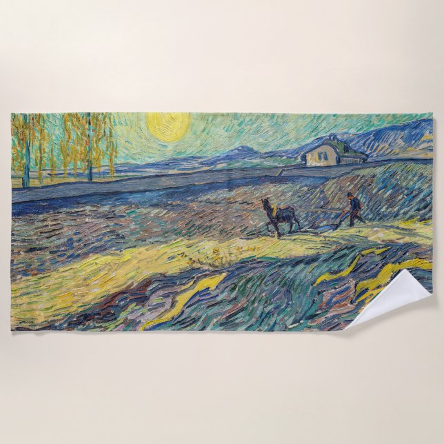 Vincent van Gogh - Field with plowing farmers Beach Towel (Front)