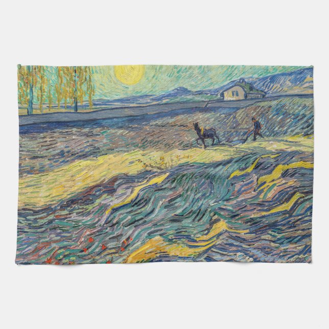Vincent van Gogh - Field with plowing farmers Kitchen Towel (Horizontal)