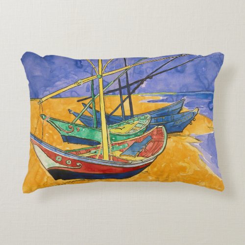 Vincent van Gogh _ Fishing Boats on the Beach Accent Pillow