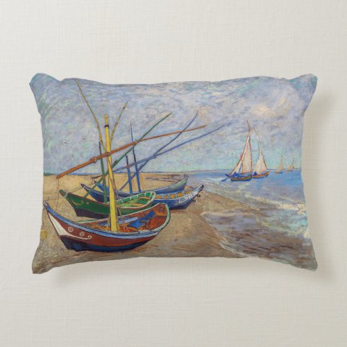 Vincent van Gogh _ Fishing Boats on the Beach Accent Pillow