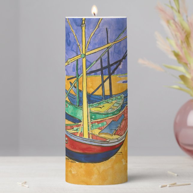 Vincent van Gogh - Fishing Boats on the Beach Pillar Candle (In Situ)