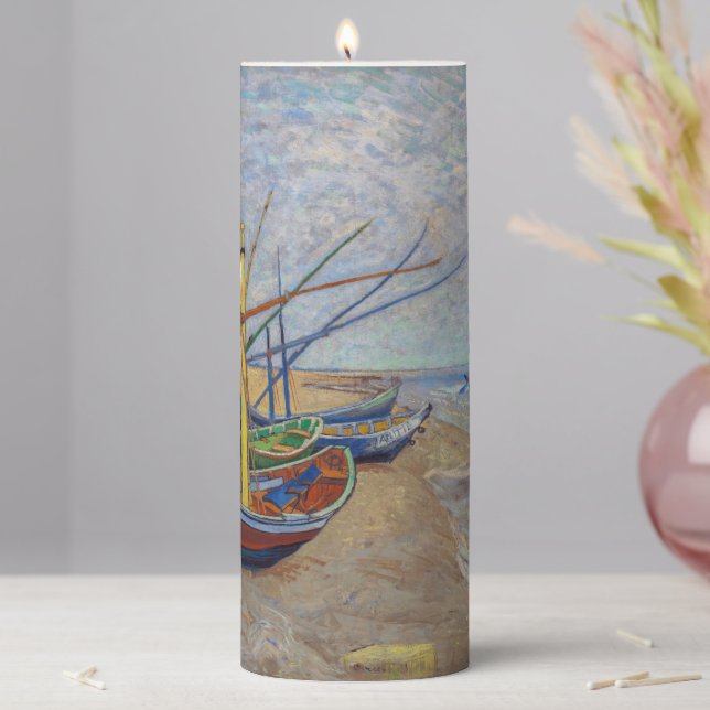 Vincent van Gogh - Fishing Boats on the Beach Pillar Candle (In Situ)