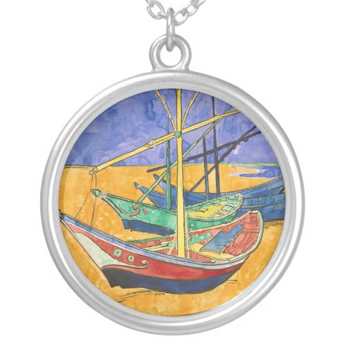 Vincent van Gogh _ Fishing Boats on the Beach Silver Plated Necklace