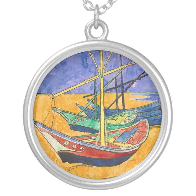 Vincent van Gogh - Fishing Boats on the Beach Silver Plated Necklace (Front)