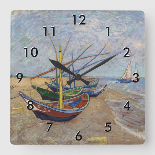 Vincent van Gogh _ Fishing Boats on the Beach Square Wall Clock