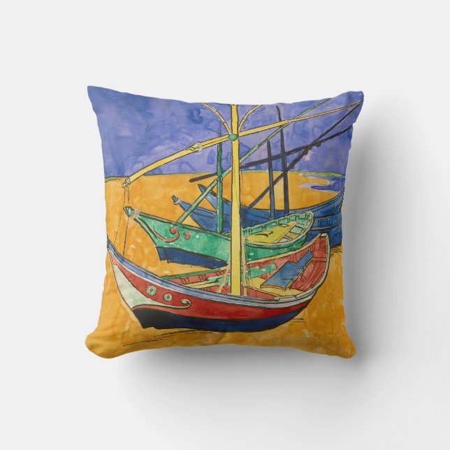 Vincent van Gogh - Fishing Boats on the Beach Throw Pillow (Front)